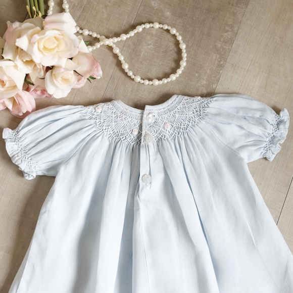 Smocked 100% Cotton LINEN Dress Blue Boutique Baby 6 Month Spring PERFECT - Picture 6 of 7